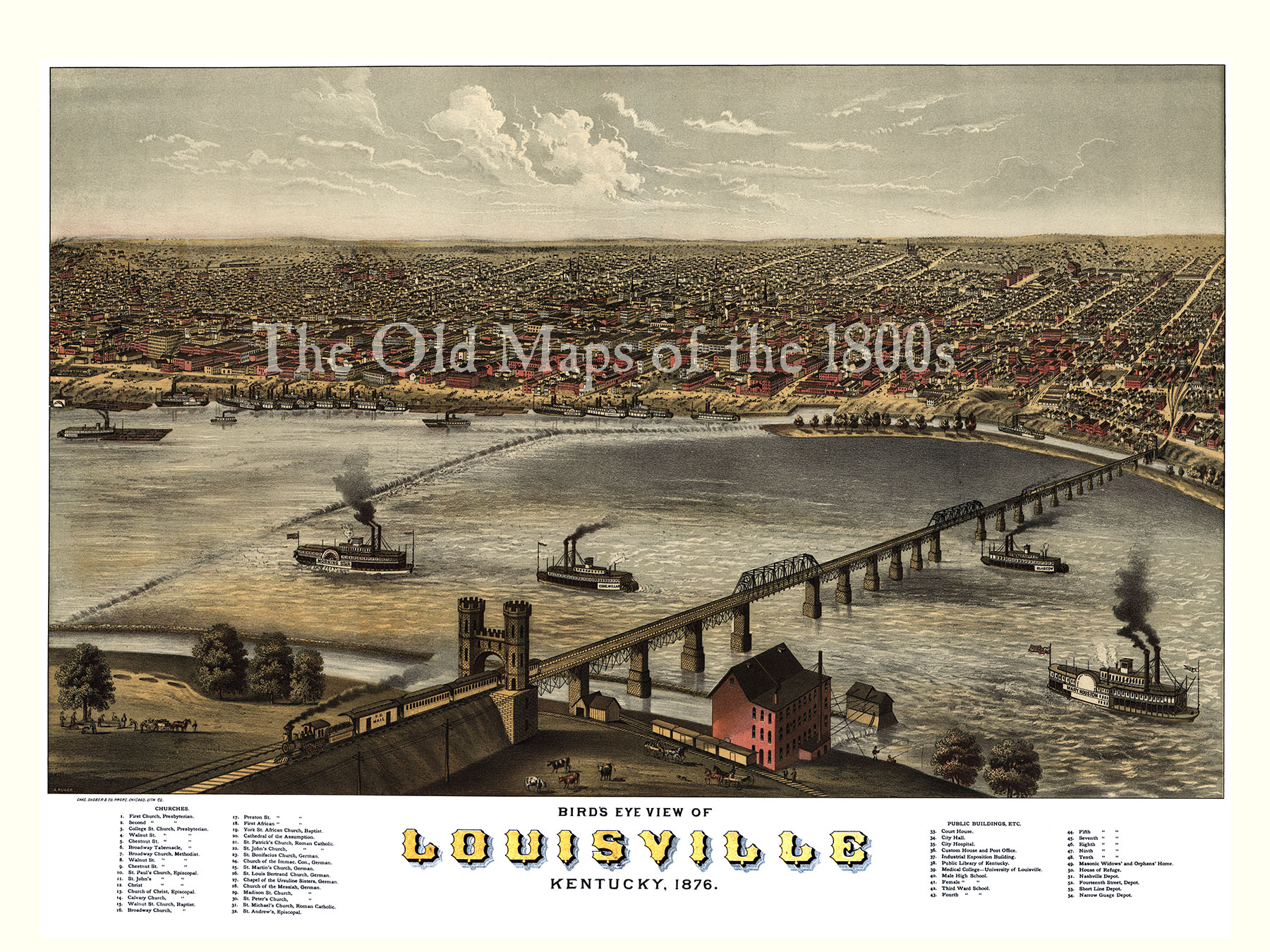 Vintage Map of Louisville Kentucky (1873) Recessed Framed Print by  BravuraMedia