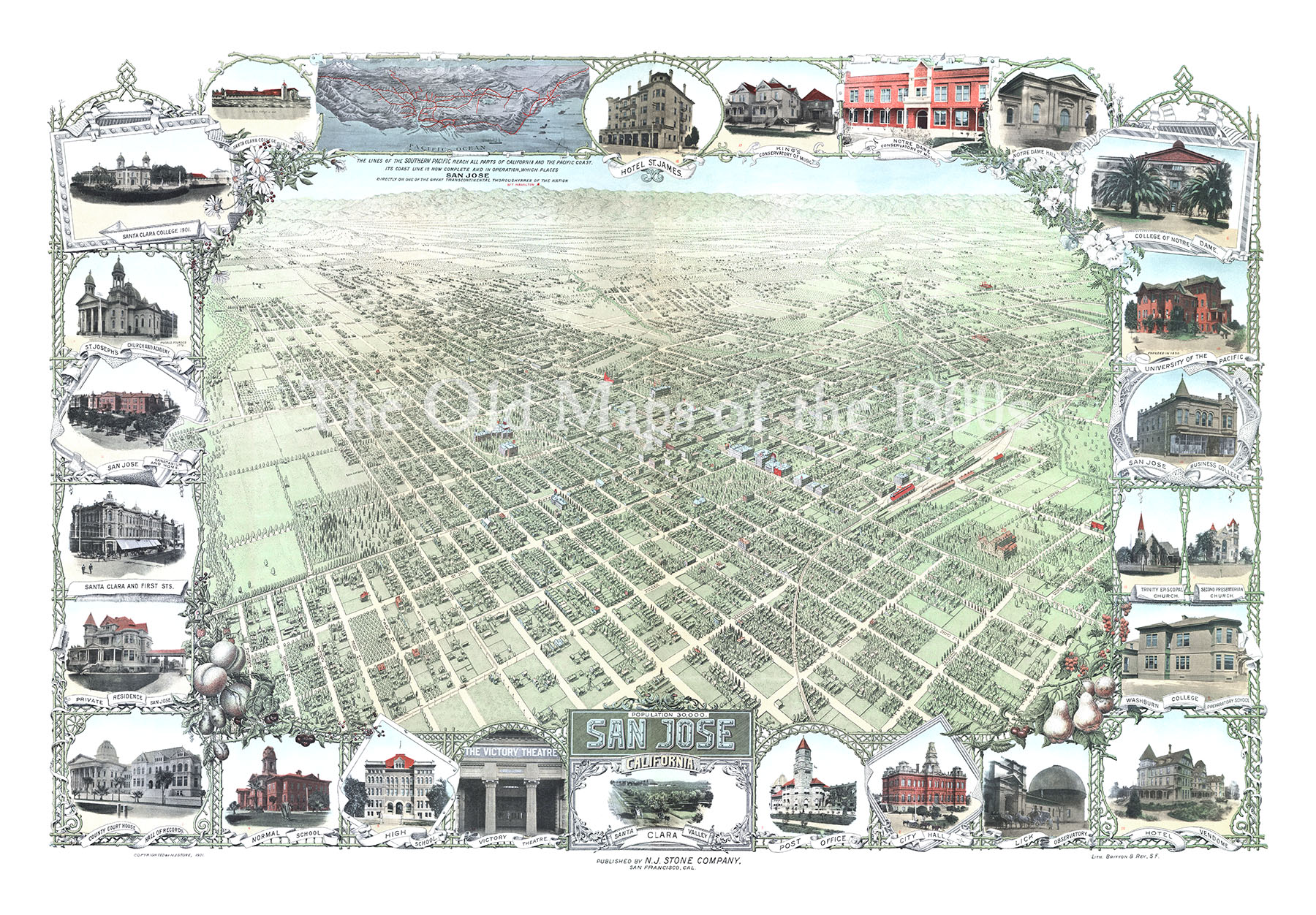 20x30 1901 San Jose California Vintage Old Panoramic City Map